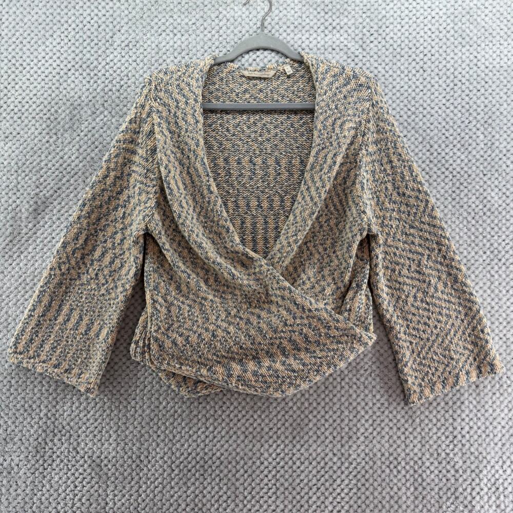 Soft Surroundings Sweater Womens L Beige Blue Knit V-Neck Wrap Cardigan LS